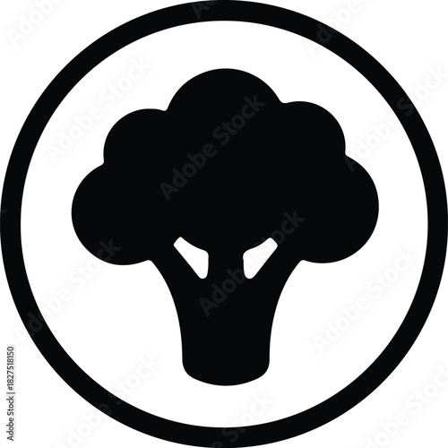Illustrator Black broccoli vegetable in round frame Silhouette vector