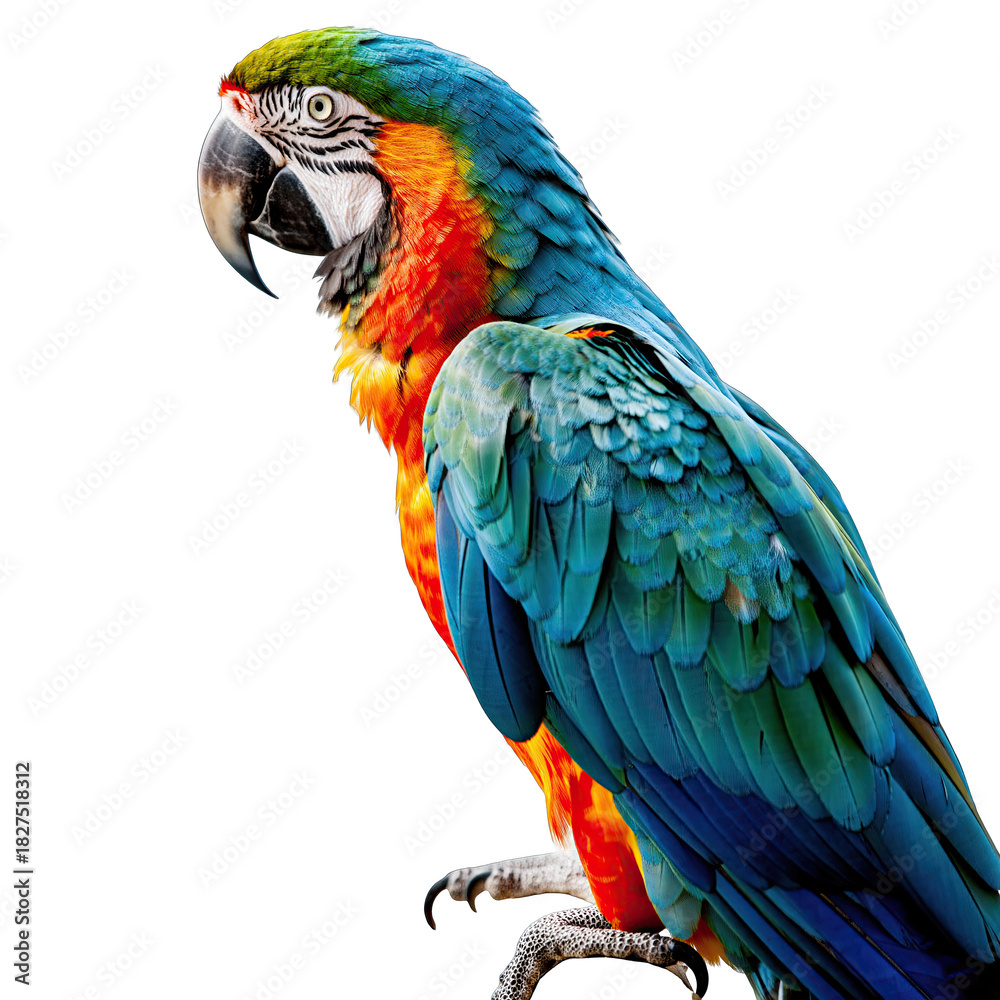 Obraz premium Vibrant Macaw Parrot with Blue Yellow and Orange Plumage Perched on a Branch Studio Shot Against a Transparent Background