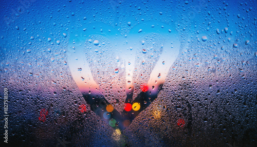 Wallpaper Mural Heart drawn on a rainy window with blurred city lights at sunset. Torontodigital.ca