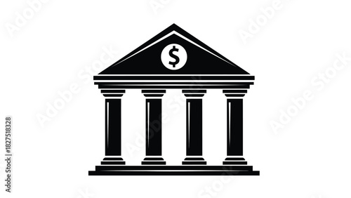 Classic bank building with columns and dollar sign silhouette