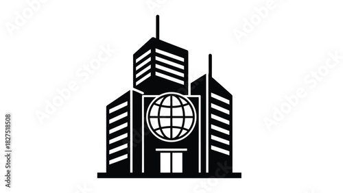 Modern office building with a globe emblem silhouette