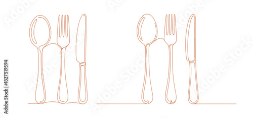 A single continuous line illustration featuring food utensils. A spoon, fork, and knife designed for a restaurant menu or banner in a minimalist linear style. A hand-drawn cafe sign. Doodle vector art
