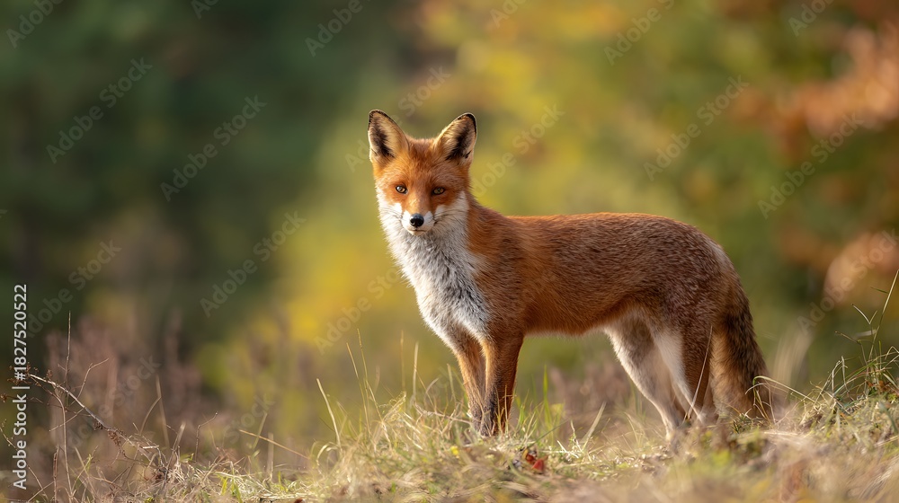 Fototapeta premium Majestic red fox portrait captures a serene autumn moment on a forest edge bathed in golden light