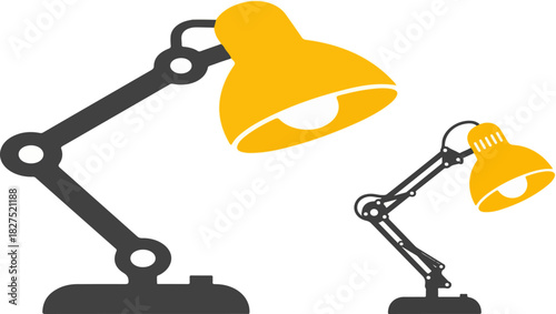 Two desk lamps illuminate a workspace with adjustable arms and bright yellow shades