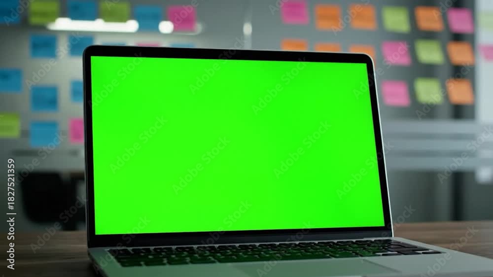 custom made wallpaper toronto digitalLaptop with green screen on desk, blurry colorful sticky notes on office glass wall