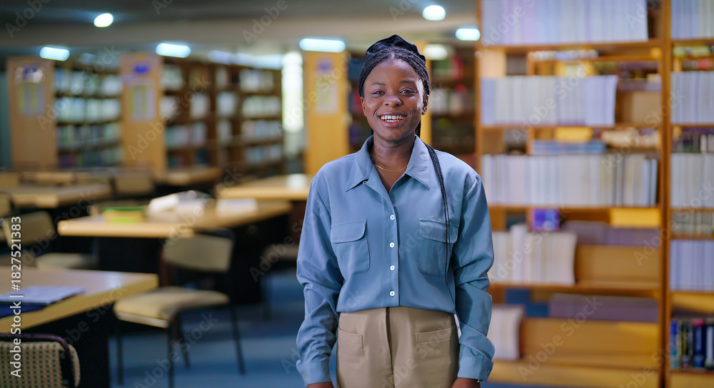 Fototapeta premium African young adult gen z beautiful lady confident student standing proud look camera indoor library happy smiling girl staring cam do casual pose enjoy joyful day time inside college