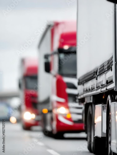 Long line of trucks traveling on the highway during a cloudy day in the city