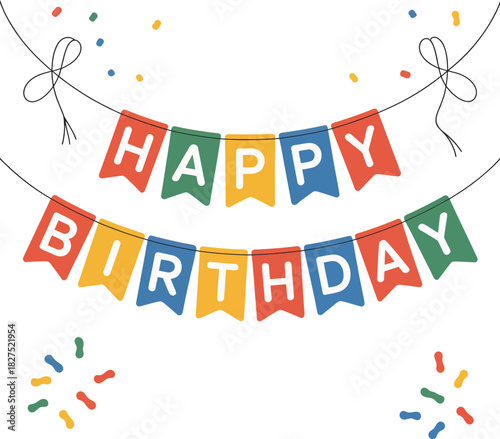 A festive garland of hanging birthday banners and bunting with colorful patterned flags and the phrase "Happy Birthday" for party decoration.