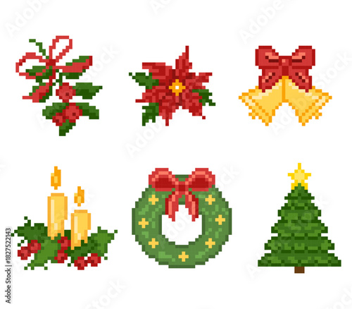 Pixel Christmas decoration plants game icon vector set. Retro 8 bit wreath, mistletoe, poinsettia, bells, candles, tree pixilated digital assets.