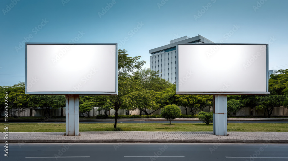 Obraz premium Two blank billboards stand beside road with green trees and modern building in background under clear blue sky