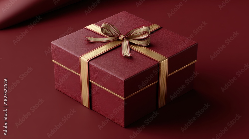 Fototapeta premium A closed square dark red gift box tied with a gold ribbon and a striped bow sits on a matching surface