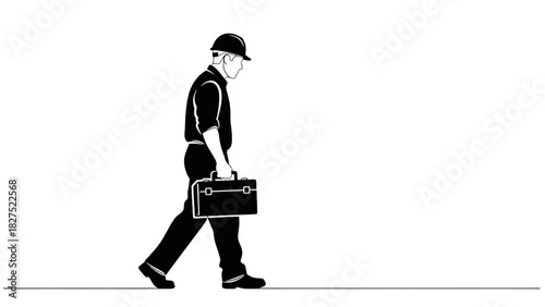 Silhouette Worker Walking with Toolbox – Minimal Industrial Outline Illustration