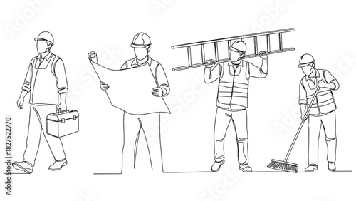 Continuous Line Art Workers Set – Toolbox Carrier, Plan Reader, Ladder Carrier, and Sweeping Worker Illustration