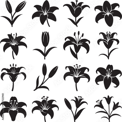 Lily Flower Silhouettes Floral Design Element Set in Black and White