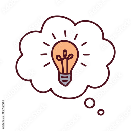 Glowing lamp inside a thought cloud representing creativity and innovation. Icon of brainstorming and finding a solution to a problem for business or education.