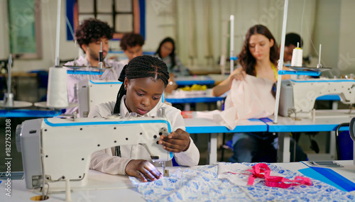 African young adult gen z lady female wear tape around neck indoor class room learn good sewing machine happy teen girl pupil do casual self craft skill new college day place