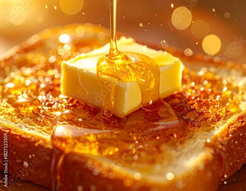 Extreme Closeup of Golden Toast Topped with Melting Butter and Slow-Dripping Honey, Warm Backlight