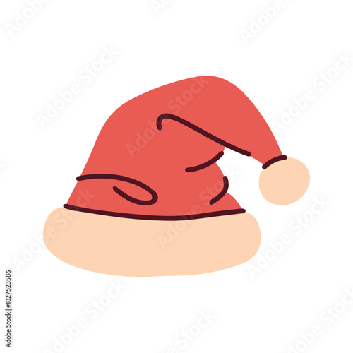A neat red Christmas hat with fluffy brim and pompon bending right. Traditional Santa headwear icon suitable for New Year greeting cards and winter masquerades.