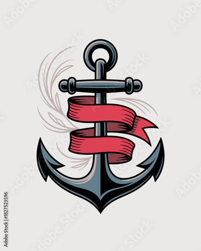 A beautifully stylized anchor illustration featuring a ribbon represents stability and tradition, capturing nautical themes with an artistic flair and classic elements.