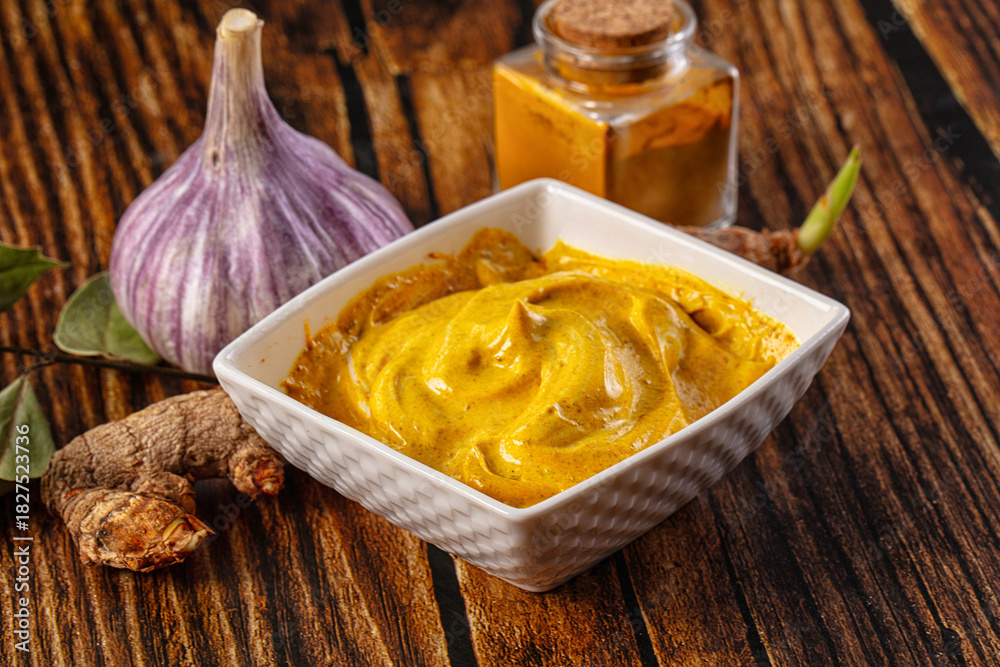 Obraz premium Indian yellow spicy curry sauce