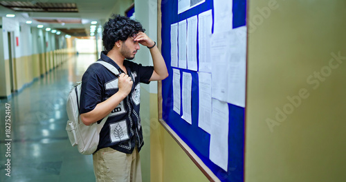 Fotografie Indian young adult gen z male guy look notice board do check results fail in exam report feel bad campus area