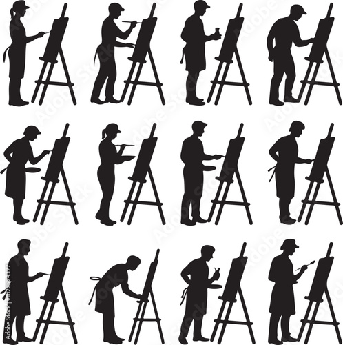 Set of artist silhouette painting on canvas with an easel black and white