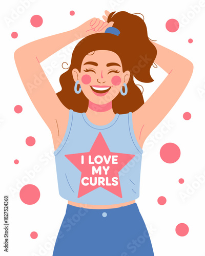 A joyful girl expresses her happiness while celebrating her natural curls, wearing a fun tank top with a playful slogan, embodying confidence and self-love in a vibrant artwork.