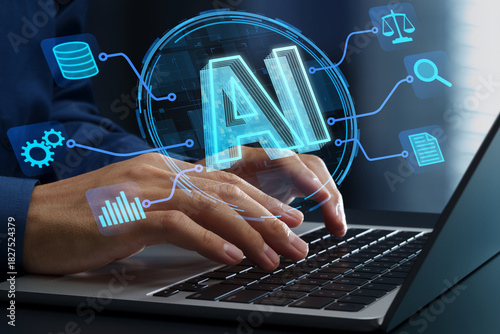 Generative AI supporting business processes with intelligent automation technology. Machine learning integration into workflows. Businessperson using laptop computer.