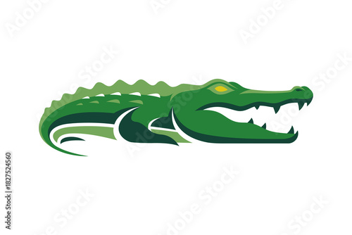 Green alligator mascot logo illustration, representing strength, power, and aggressive determination with sharp teeth and menacing eyes for a sports team or brand identity