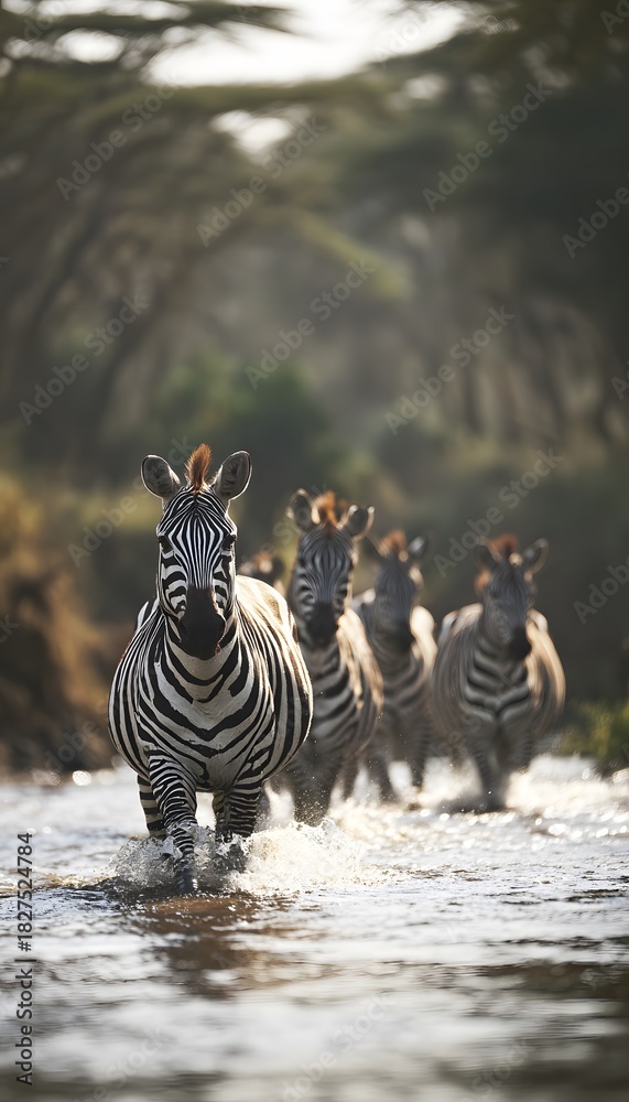 Obraz premium Serene zebra crossing reveals African wildlife beauty bathed in gentle sunlight reflections