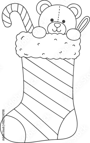 Christmas Stocking Coloring Book Page with Teddy Bear