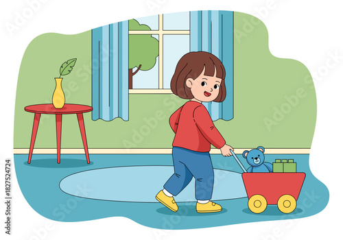 Toddler pulling a wagon with a cheerful expression in a cozy interior
