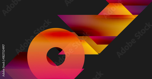Abstract design features vibrant orange, red gradients. Circular shape dominates composition, dynamic lines suggest movement, speed. Dark background enhances color contrast.