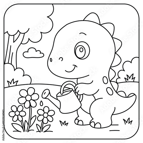 Cute Baby Dinosaur Watering Flowers Coloring Page