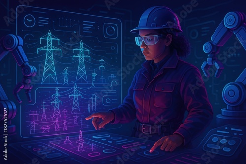 Innovative female engineer interacting with high tech control panel in smart energy management setting for modern power grid optimization and enhanced efficiency