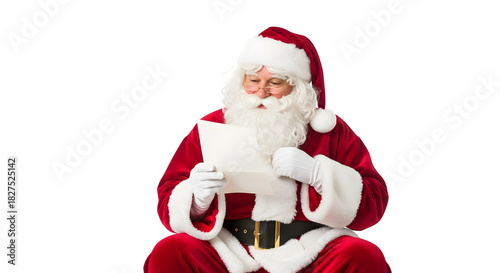 Santa claus reading a list isolated on transparent background preparing for christmas