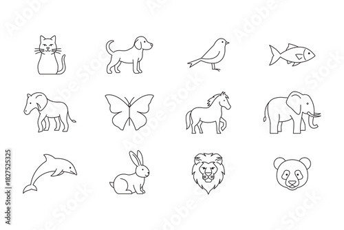 A collection of charming line art icons featuring a diverse range of animals, from household pets like cats and dogs to wild creatures and marine life