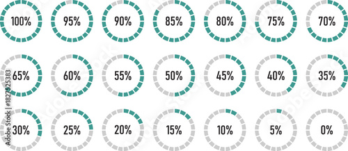 Circle percentage diagram. Radial pie charts displaying progress from 10% to 100%, perfect for data visualization, infographics, and loading indicators. Percentage number icon set