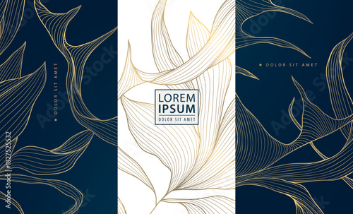 Vector pattern, gold line art leaves, luxury background with elegant abstract floral and deco elements. Modern design premium packaging, perfume or tea labels, wedding cards, invitations