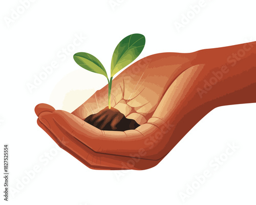 This illustration portrays a caring hand holding a budding plant, symbolizing growth, nurturing, and the importance of protecting our environment for a sustainable future.