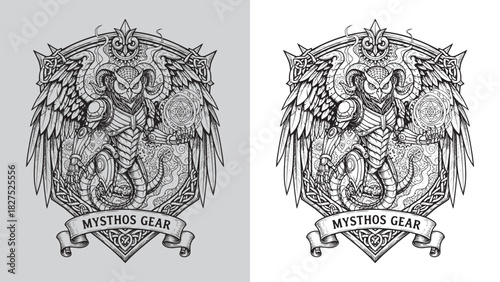 Steampunk Owl-Serpent Sorcerer with Magic Orb and Runes Emblem