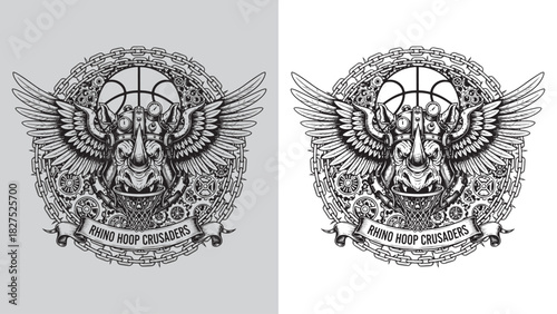 Viking Rhino Head Mascot with Basketball Hoop and Chain Gears