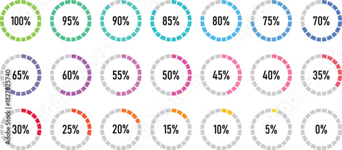 Percentage infographics flat elements. Round diagrams icons for infographics from 0 to 100 percent. Circle graph loading progress templates. Green, grey color fill divided pie charts indicators