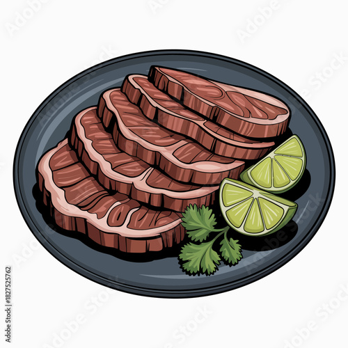 An appetizing image of perfectly sliced beef steak served with lime and fresh herbs, highlighting the delightful aesthetic of gourmet cuisine.
