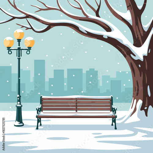 A solitary park bench covered in snow rests under a bare tree, creating a serene winter scene in a city backdrop, inviting reflection and peaceful moments outdoors.