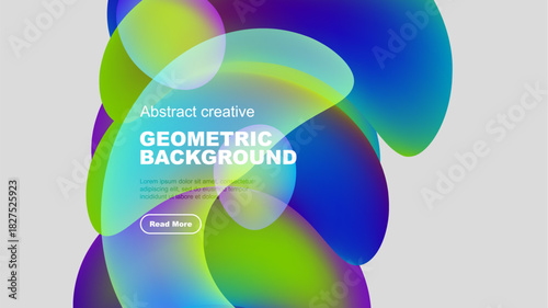 Vibrant abstract shapes overlap, creating colorful geometric background. Text promotes further exploration. Modern design elements present.