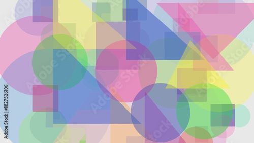 Abstract background with overlapping translucent geometric shapes in various pastel colors creating a vibrant and dynamic pattern.