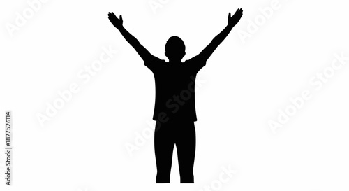 Black silhouette of a person standing with arms raised in victory.