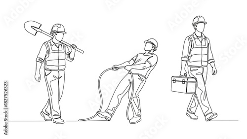 Workers in Dynamic Industrial Poses Minimal Outline Illustrations