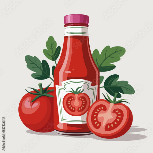 This vibrant image displays a bottle of tomato ketchup beside fresh ripe tomatoes, capturing the essence of deliciousness and flavor, perfect for food lovers and culinary enthusiasts.